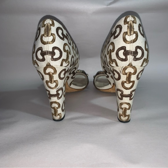 GUCCI size 39B cream linen block heel d'Orsay pumps with bamboo accent at vamp - Picture 6 of 14
